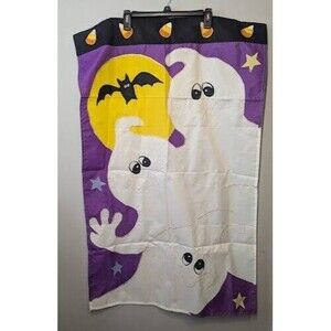 VTG Halloween Nylon Flag 27" X 43.5" House Double Sided Pumpkin Candy Corn Bats